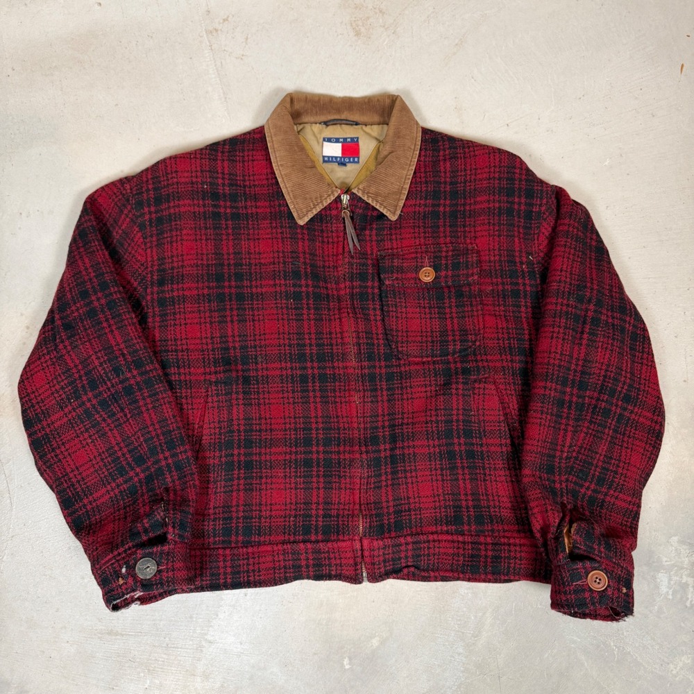Tommy Hilfiger Vintage Plaid Wool Jacket Red Black Corduroy Collar Mens Medium